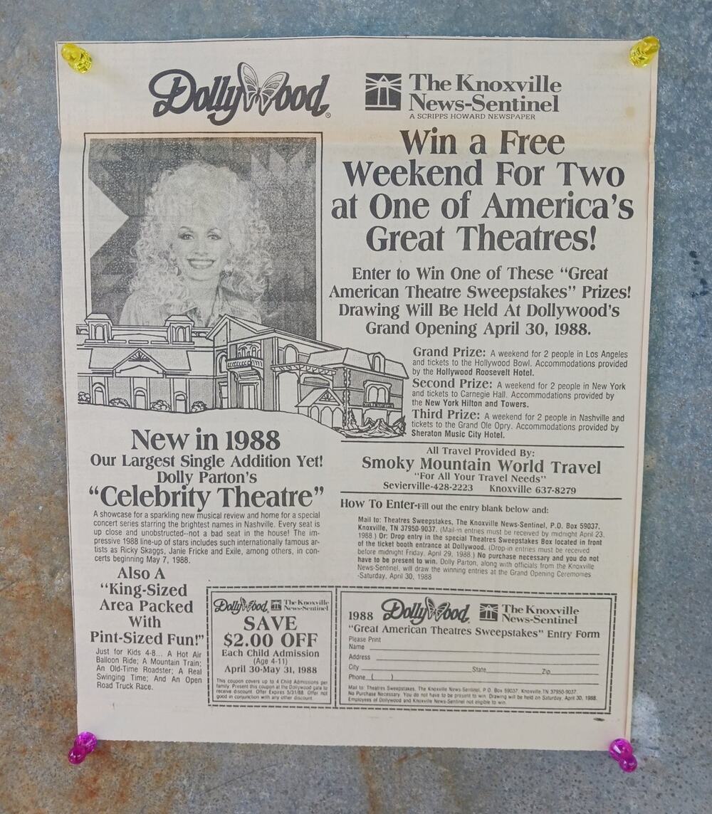 1988 Dollywood Dolly Parton Celebrity Theatre Grand Opening Sweepstakes Print Ad